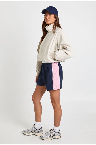 Nylon High Waist Contrast Panel Track Shorts - navy