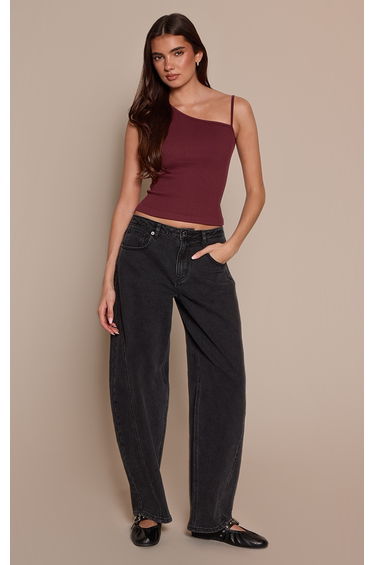Wine Contour Rib Strap Detail Vest Top