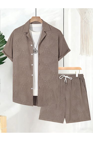 Men Tan Jacquard Short Sleeve Button Front Shirt and Shorts Co-Ords