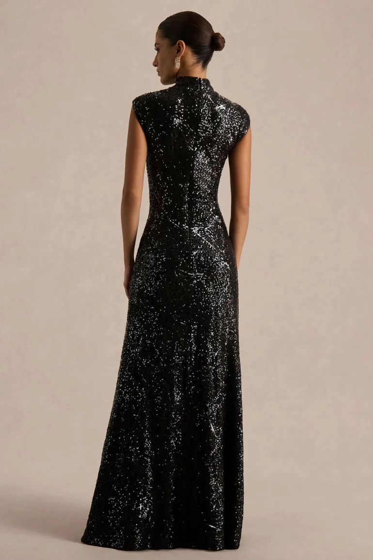 Cecy | Black Sequin High-Neck Maxi Dress With Cap Sleeves - 1