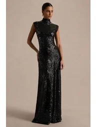 Cecy | Black Sequin High-Neck Maxi Dress With Cap Sleeves - 3