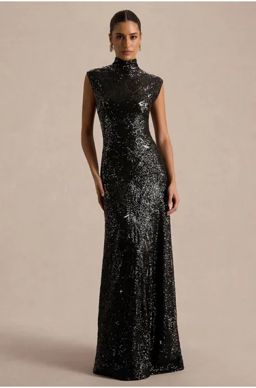 Cecy | Black Sequin High-Neck Maxi Dress With Cap Sleeves