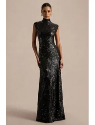 Cecy | Black Sequin High-Neck Maxi Dress With Cap Sleeves