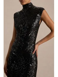 Cecy | Black Sequin High-Neck Maxi Dress With Cap Sleeves - 2