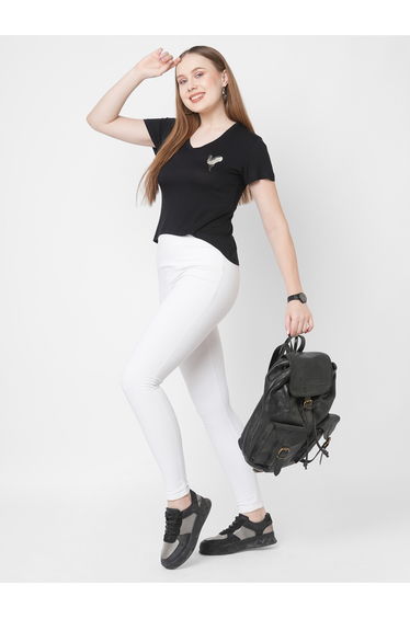 Women Black Embroidered Bird Detail Short Sleeve T-Shirt