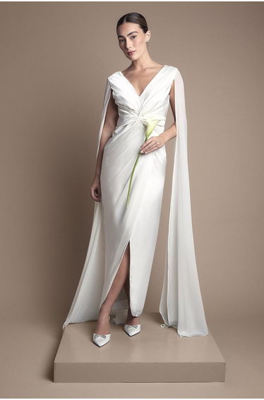 Satin Cape Sleeve Maxi Bridal Dress