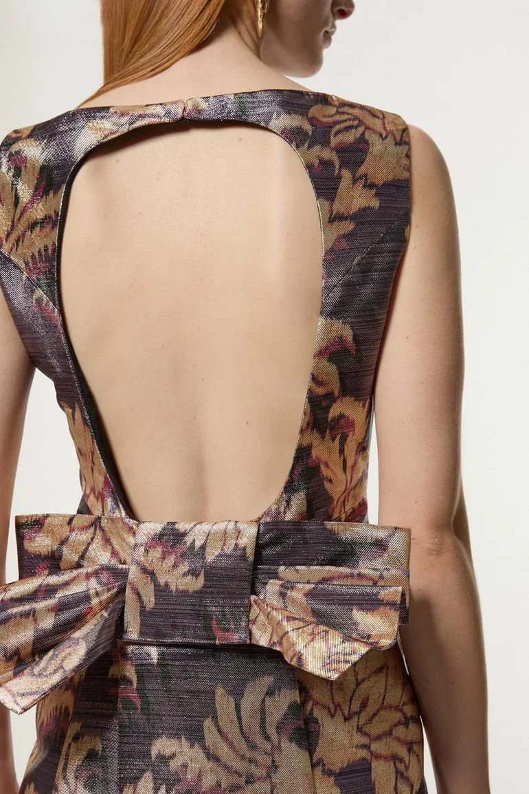 Metallic Floral Tailored Bow Detail Mini Dress - 2