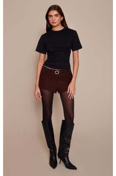 Chocolate Belted Brushed Woven Rib Hot Pants