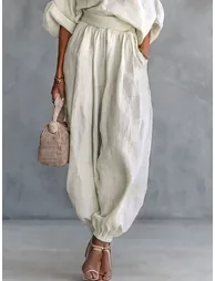 High Waisted Wide Leg Elasticity Pockets Solid Color Pants Trousers - 4