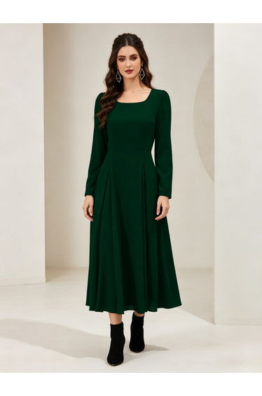 Dark Green Square Neck A-Line Midi Dress