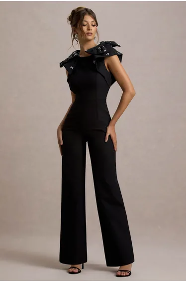 Elma | Black Straight-Leg Jumpsuit With Embellished Bows
