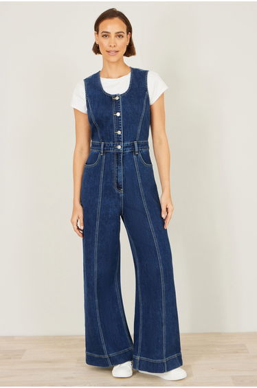Yumi Blue Denim Stretch Fitted Jumpsuit