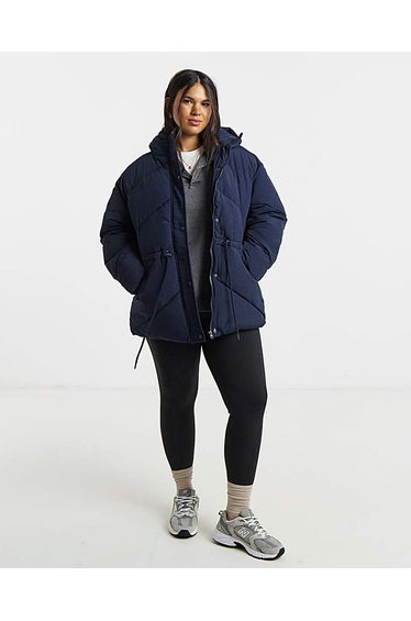 Navy Waisted Detail Padded Coat