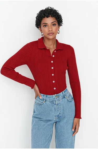 Claret Red Mercerized Look Ribbed Polo Collar Knitwear Cardigan