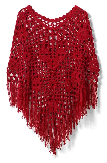Delicate Hand-knit Fringe Cape in Red