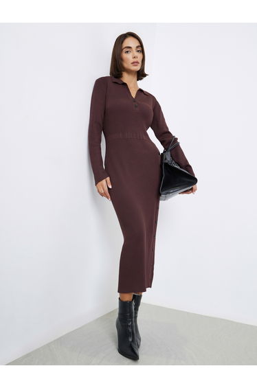 Brown Ribbed Knit Sweater Midi Dress