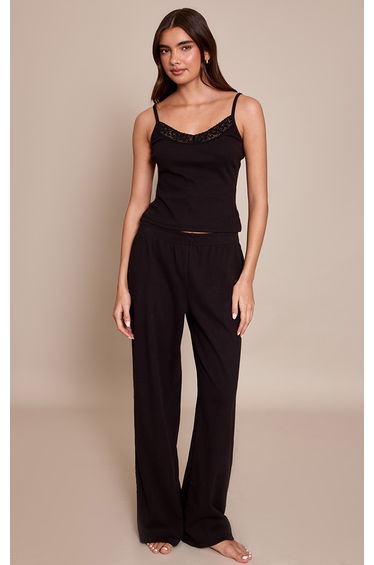 Black Ribbed Lace Trim Cami Top