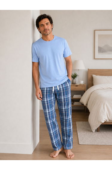 Men Solid Cotton T-Shirt and Checked Pyjama Set