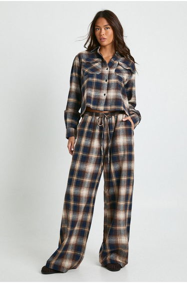 Check Print Drawstring Waist Wide Leg Trousers - brown