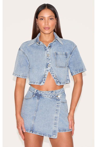Tall Vintage Wash Button Up Short Sleeve Cropped Denim Shirt