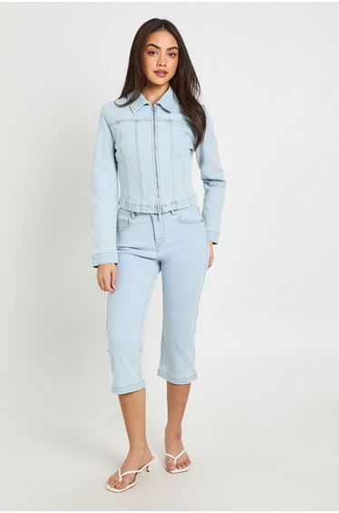 High Waist Denim Capri - bleached blue