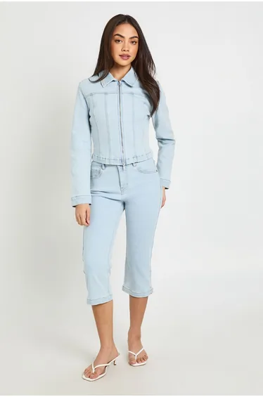High Waist Denim Capri - bleached blue