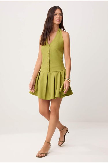 Green Pleated Short / Mini Woven Dress