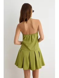 Green Pleated Short / Mini Woven Dress - 8