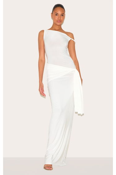 Cream Slinky Off Shoulder Wrap Detail Maxi Dress