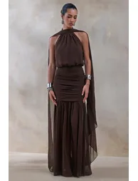 فستان ماكسي بياقة هالتر - بني - 3