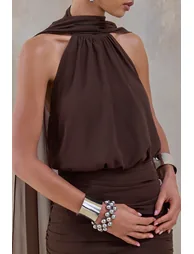 فستان ماكسي بياقة هالتر - بني - 2