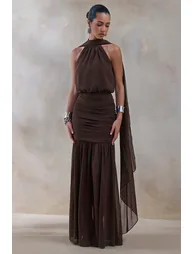 فستان ماكسي بياقة هالتر - بني - 4