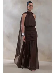 فستان ماكسي بياقة هالتر - بني