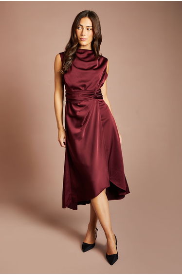 Satin Midi Dress With Twist Waist