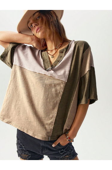 Khaki Color Block 100% Cotton Drop Shoulder T-Shirt