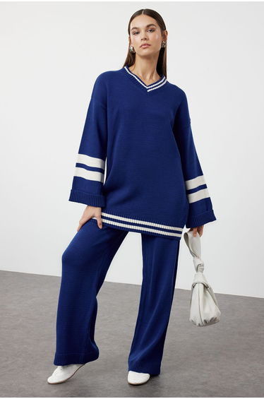 Indigo Color Block Striped Knitwear Top-bottom Skirt Sweater Suit