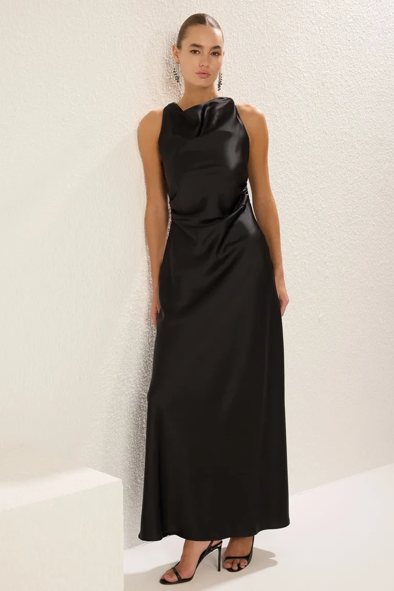 Black Bodycon Satin Woven Maxi Evening Dress & Graduation Dress - 1