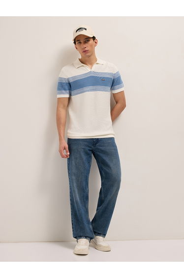Men Pure Cotton Striped Flat Knit Slim Fit Polo