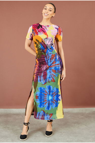 Yumi Multicolour Abstract Floral Mesh Midi Dress