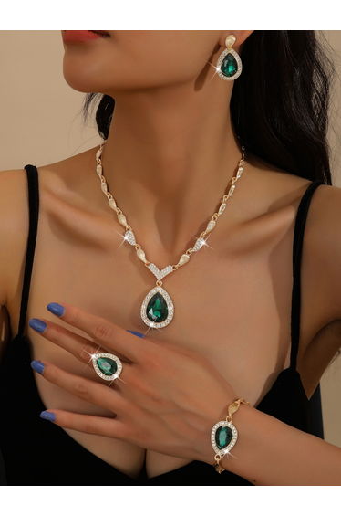 4-Piece Green Rhinestone Drop Necklace, Bracelet, Ring and Earrings Jewelry Set