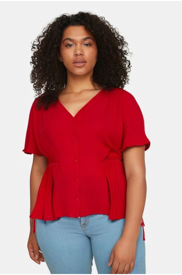 Red Woven V-Neck Tie-Up Blouse