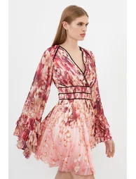 Pink Floral Pleated A-Line Mini Skater Dress with Ruffles