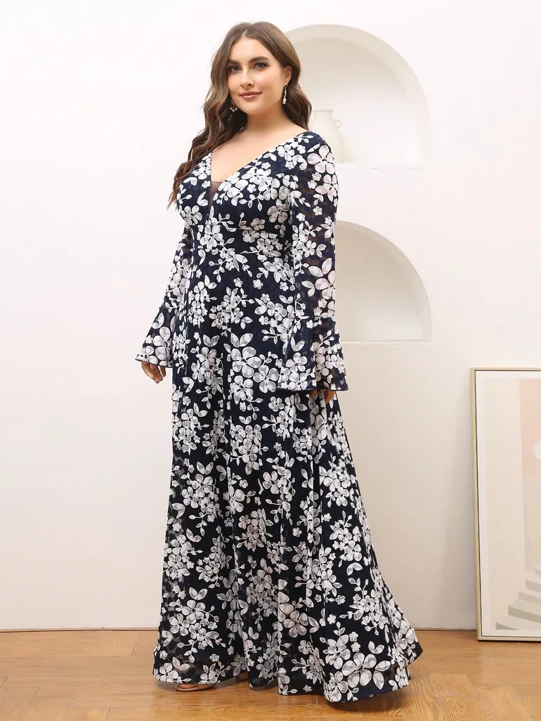 Leely Plus Women's Elegant V Neck Flare Sleeve A-Line Dress - 5