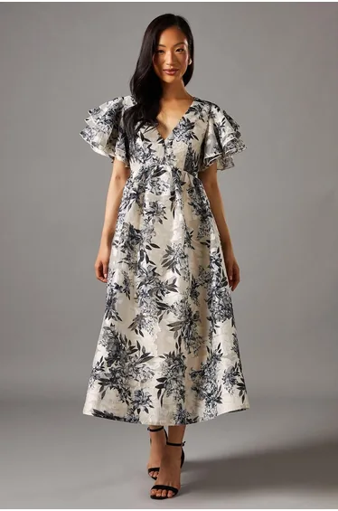 V Neck Flutter Sleeve Jacquard Midi Dress