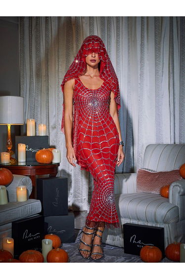 Calyx Scoop Neck Cobweb Sequin Midi Dress In Red