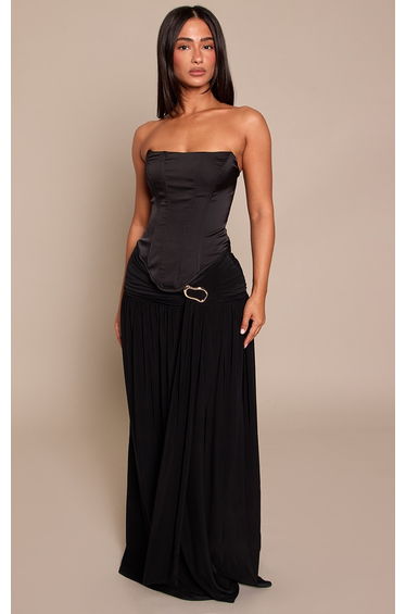 Petite Black Ruched Trim Detail Waist Slinky Flowy Maxi Skirt