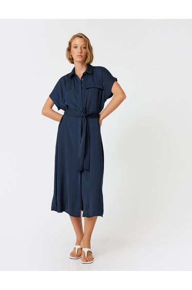 Midi Shirt Dress Belt Detailed Short Sleeve Aerobin Fabric