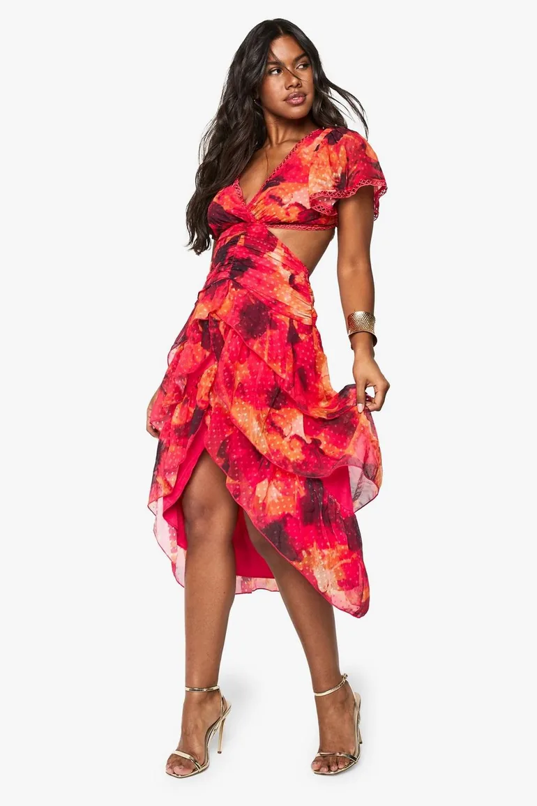 floral dobby cut out ruffle maxi dress Floral Dobby Ruffle Detail Midaxi Dress