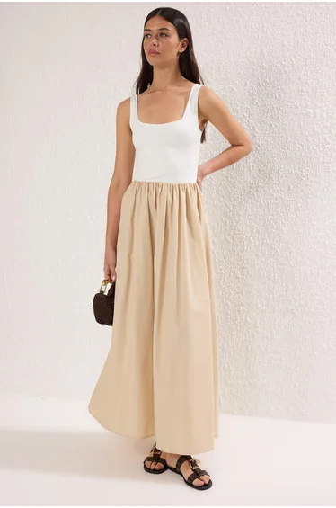Camel Color Block Midi Woven Dress