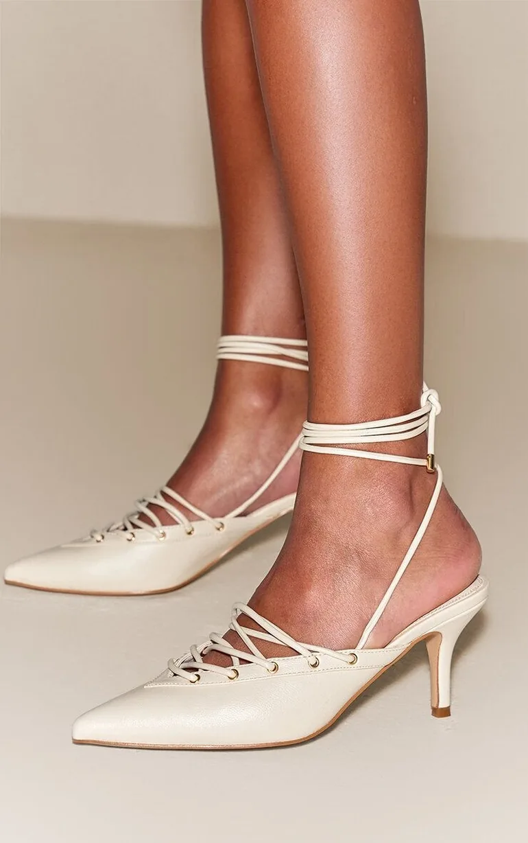 Cream Lace Up Mule Courts - 5
